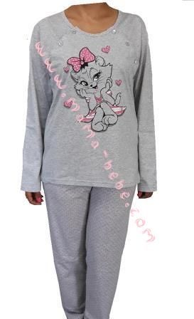 Дамска пижама за кърмачки дълъг ръкав, памук Цвят сив с розов кант. Размер: 42-54