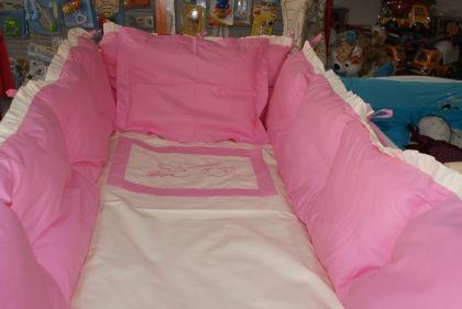 Бебешки спален комплект 6 части ЩЪРКЕЛ - розово - бяло