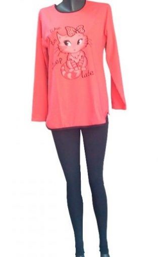 Дамска пижама ликра-памук с туника и клин,щампа котета Цвят: корал