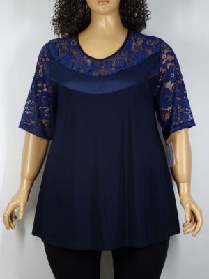 Дамска блуза сатенена лента и дантела цвят тъмно син