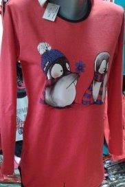 Дамска пижама тънка вата , щампа пингвини с туника и панталон. Цвят: сив с корал