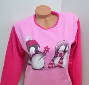 Детска пижама тънка вата  " Пингвини", цвят розов с циклама, ръст 98-134 см