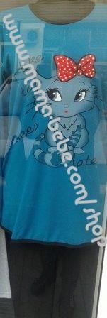 Дамска пижама ликра-памук с туника и клин,щампа котета Цвят: петрол